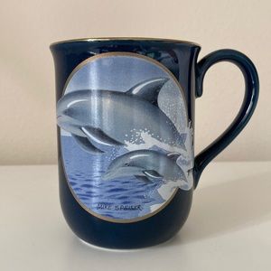 Otagiri Dolphins Porpoises Navy Blue Painted Mug by Mike Speiser Vintage Japan